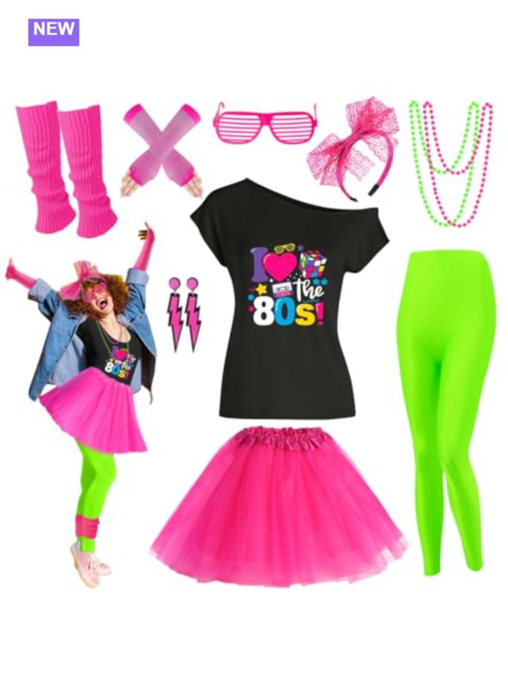 80s Costume Accessories Set T-Shirt Shorts Tutu Leg Warmers Party